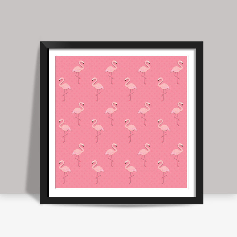 Pink - Dots with Flamingo  Square Art Prints