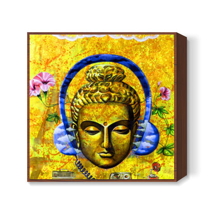 headphone buddha yellow Square Art Prints