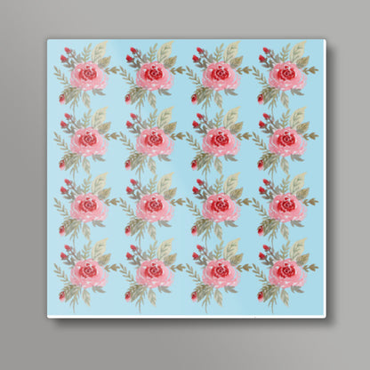 Mint Blue Pink Rose Floral Background Pattern  Square Art Prints