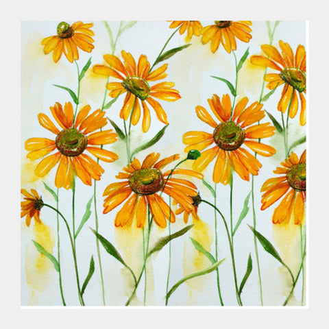 Yellow Daisy Flowers Hand Painted Floral Summer Design  Square Art Prints