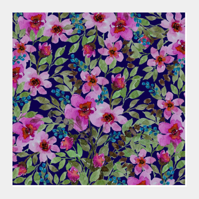 Beautiful Watercolor Spring Floral Navy Retro Background Pattern Square Art Prints