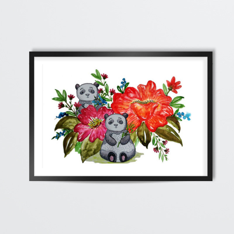 Cute Panda Bear And Flowers Cartoon Animal Background Illustration Wall Art