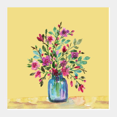 Watercolor Spring Flowers Bouquet Yellow Background Summer Decor Square Art Prints