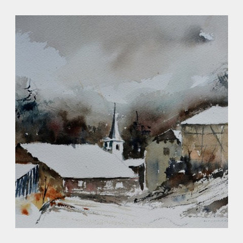 Square Art Prints, Village in snow 5451 Square Art Prints