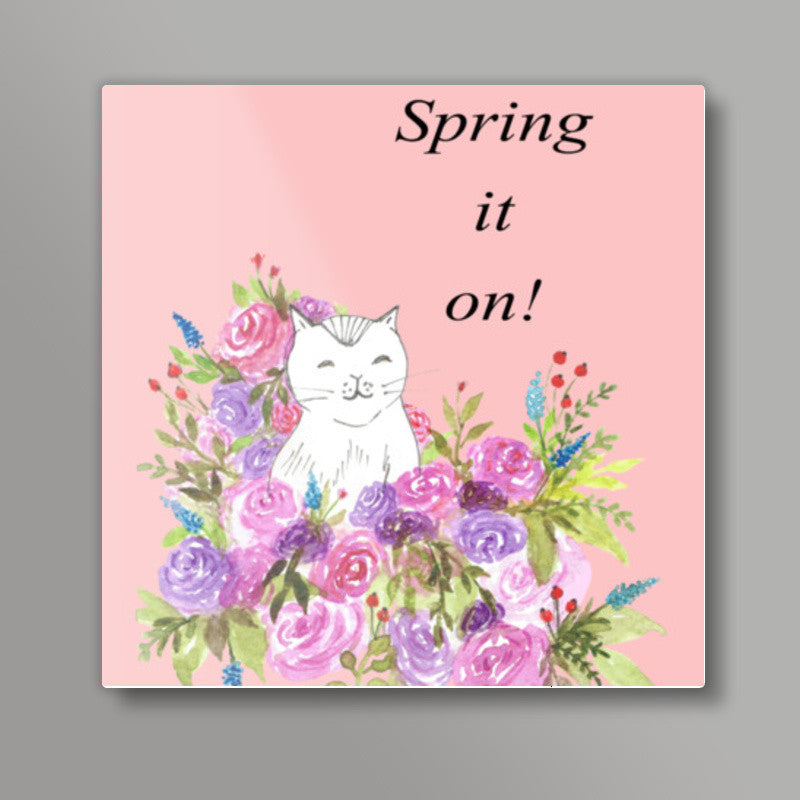 Cute Cat Sketch Floral Artwork Spring Illustration Kids Nursery Decor Square Art Prints