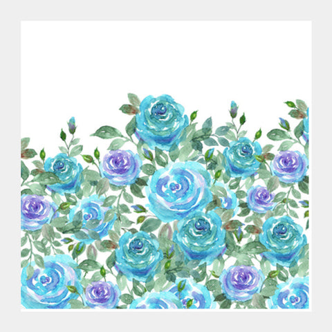 Blooming Blue Roses Watercolor Background Spring Garden Illustration Square Art Prints
