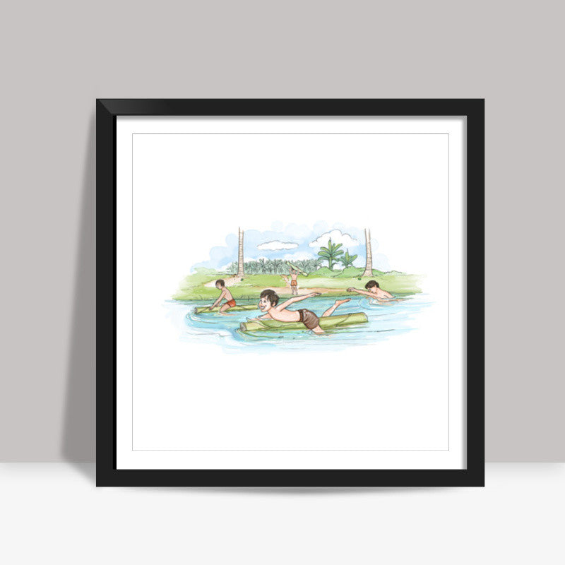 Memories - Swimming with a banyan trunk Square Art Prints