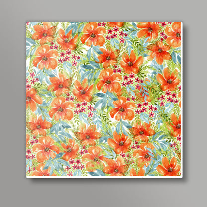 Orange Watercolor Flowers Painting Spring Background Floral Pattern Square Art Prints