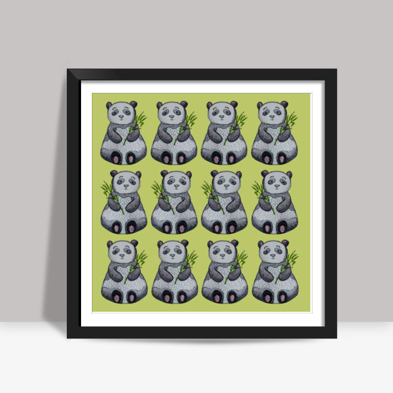 Cute Cartoon Panda Bears Animal Pattern On Green Background Square Art Prints