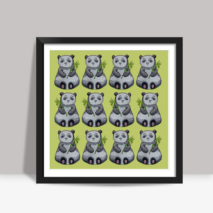 Cute Cartoon Panda Bears Animal Pattern On Green Background Square Art Prints