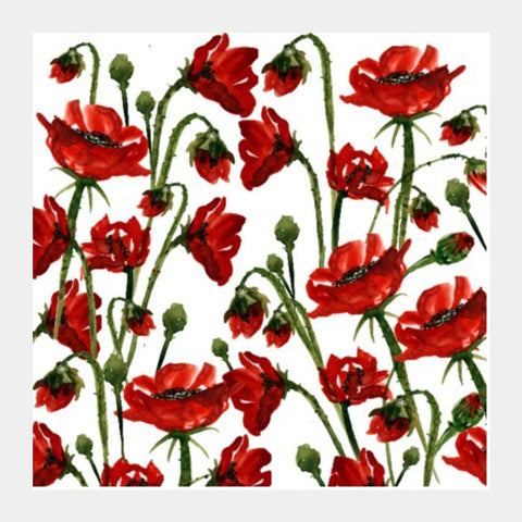 Square Art Prints, Red Poppy Flowers Watercolor Floral Garden Square Art Prints