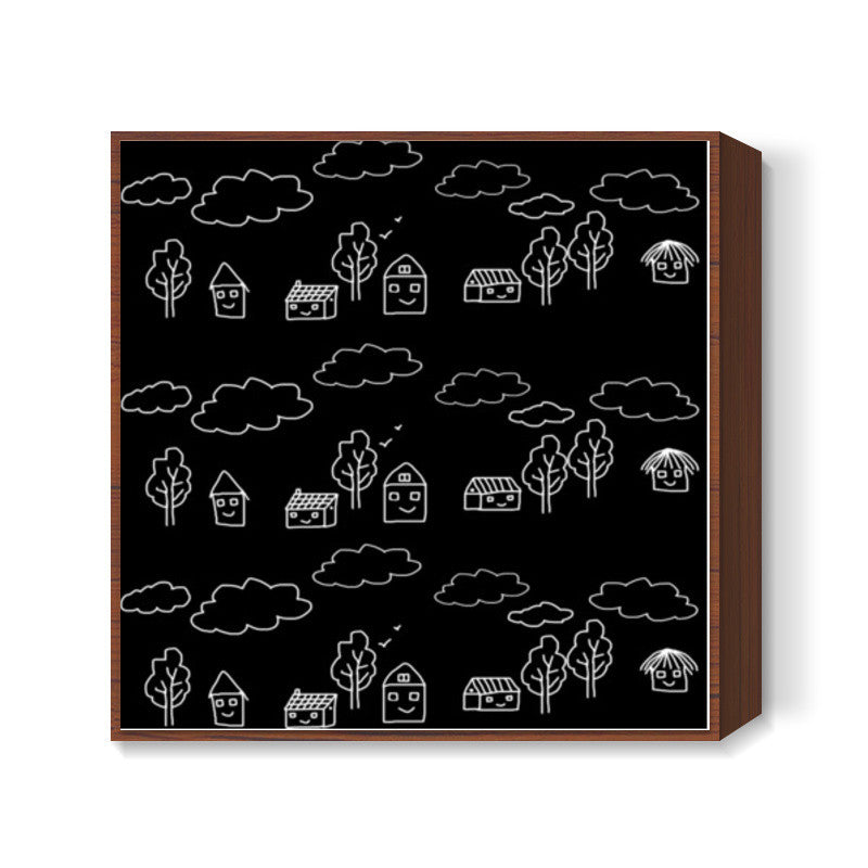 Tribal Art Black And White Happy Houses Square Art Prints