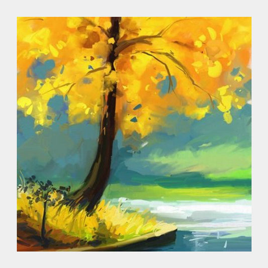 yellow tree on a lake Square Art Prints