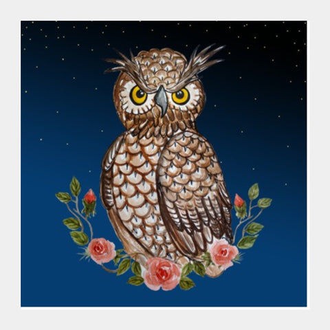Square Art Prints, Night Owl Cartoon Bird Painting Illustration  Square Art Prints