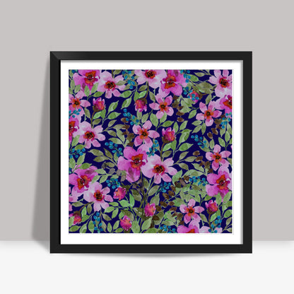 Beautiful Watercolor Spring Floral Navy Retro Background Pattern Square Art Prints