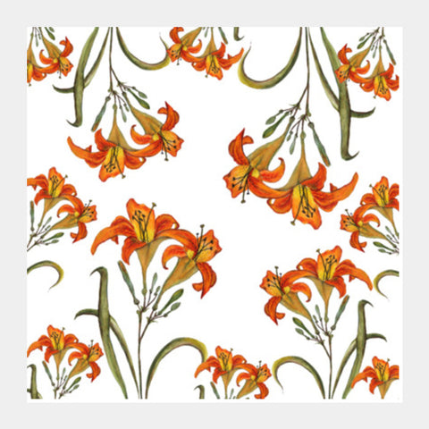 Orange Lily Flowers Watercolour Floral Background Square Art Prints