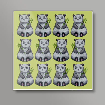 Cute Cartoon Panda Bears Animal Pattern On Green Background Square Art Prints