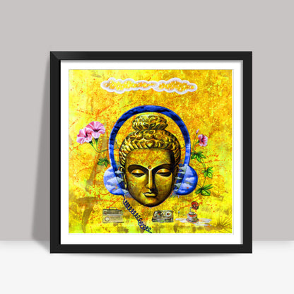 headphone buddha yellow Square Art Prints