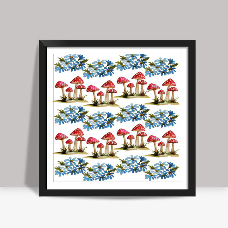 Mushrooms And Flowers Pattern Square Art Prints