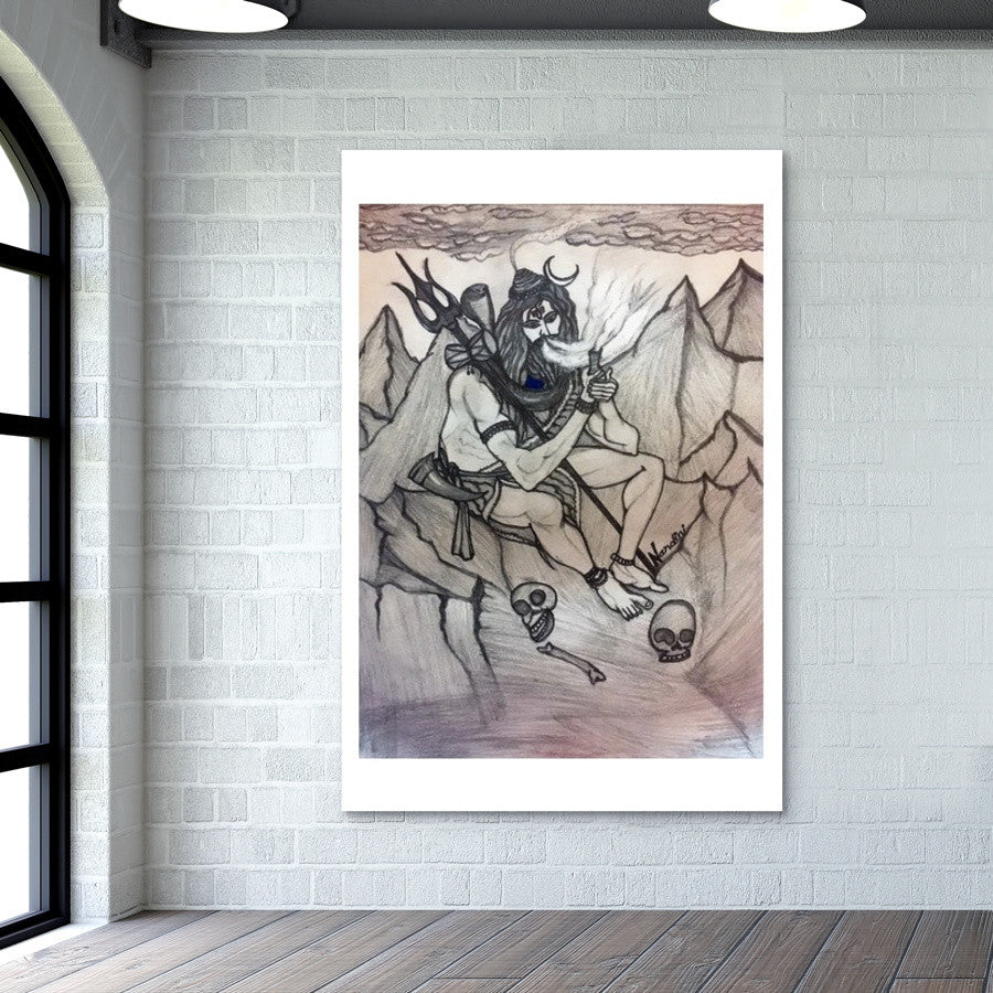 Shiva with Chillum on Mountains | Pencil Sketch | Wall Art