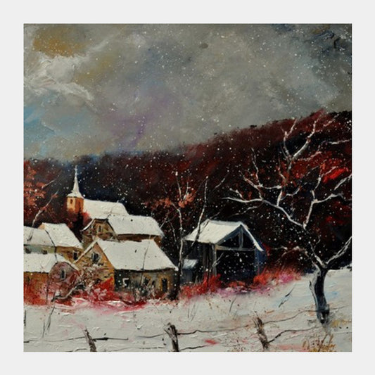 village in the snow 75 Square Art Prints