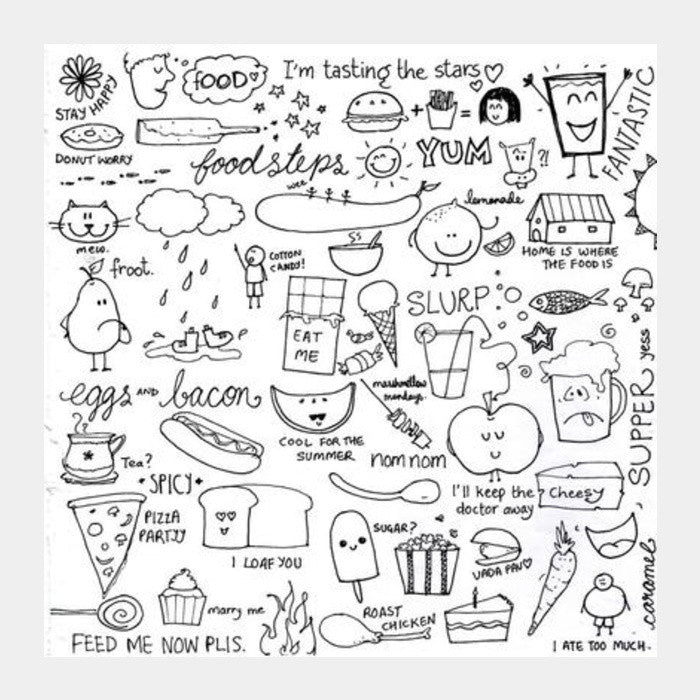 Food doodle art black and white Square Art Prints