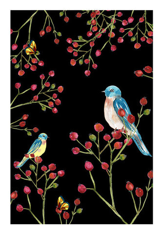 Winter Red Berries And Birds Nature Decor Nursery Print Wall Art