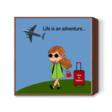 Adventure Quote Cartoon Girl And Travel Suitcase Illustration Square Art Prints
