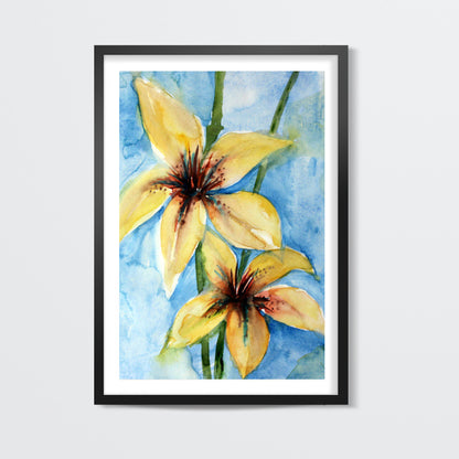 Twin Yellow Lily Flowers Watercolor Painting Wall Art