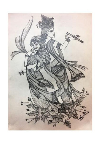 PosterGully Specials, Radha Krishna | Pencil Sketch | Wall Art