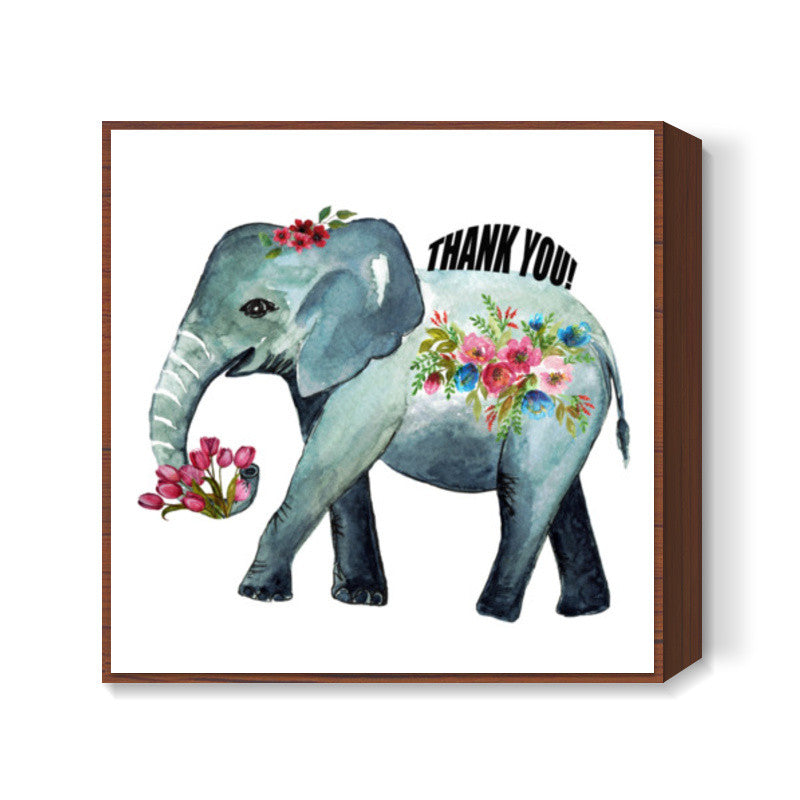 Cute Floral Baby Elephant Animal Art Hand Painted Design Thank You Illustration Square Art Prints