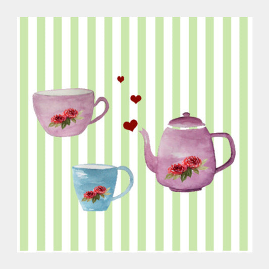 Cute Teapot and Cups Teatime Kitchen Decor Illustration Square Art Prints