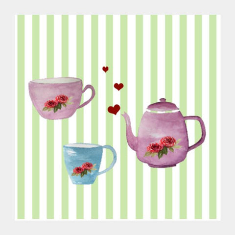 PosterGully Specials, Cute Teapot and Cups Teatime Kitchen Decor Illustration Square Art Prints