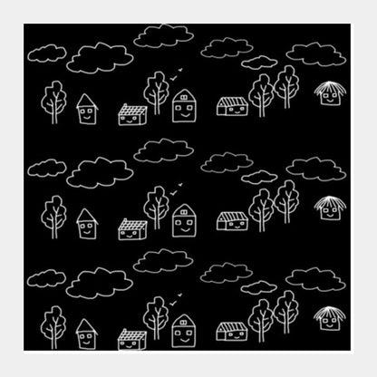 Square Art Prints, Tribal Art Black And White Happy Houses Square Art Prints