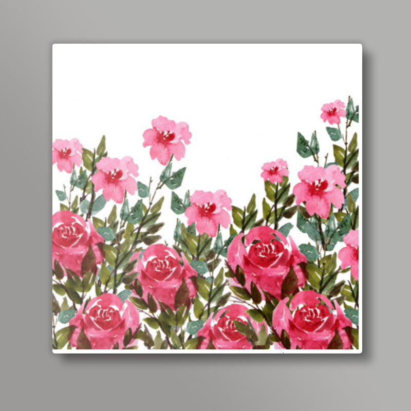 Pink Rose Flower Garden Watercolor Spring Floral Design Square Art Prints