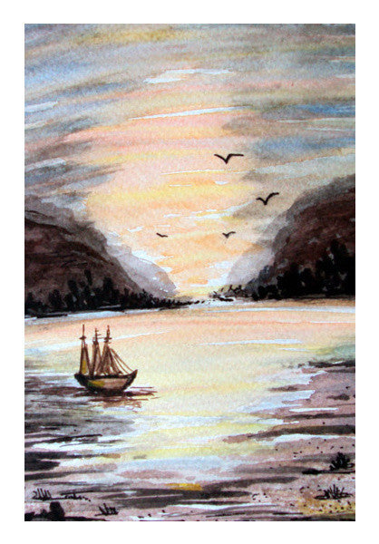 Wall Art, Sunset Landscape Illustration Watercolor Painting Wall Art