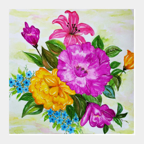 Square Art Prints, Colorful Summer Flower Bouquet Watercolor Painting Square Art Prints