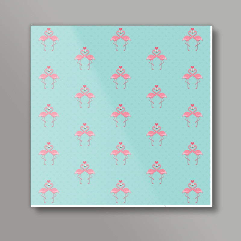 Blue - Dots with Flamingo  Square Art Prints