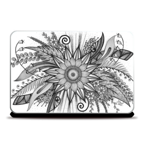 Sunflower- Floral Starburst Blackandwhite Doodle  Laptop Skins