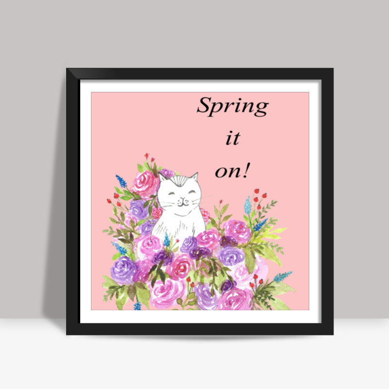 Cute Cat Sketch Floral Artwork Spring Illustration Kids Nursery Decor Square Art Prints