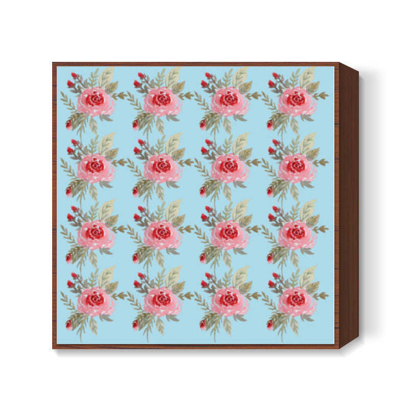 Mint Blue Pink Rose Floral Background Pattern  Square Art Prints