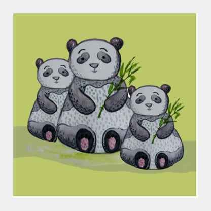 Cute Panda Bear Trio Painted Cartoon Animal Poster For Children  Square Art Prints