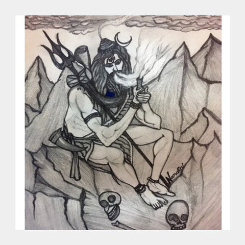 Shiva with Chillum on Mountains | Pencil Sketch | Square Art Prints