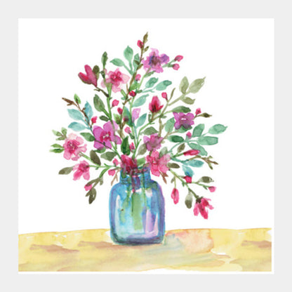 Blue Vase Floral Watercolor Bouquet Painting Summer Botanical Poster Square Art Prints