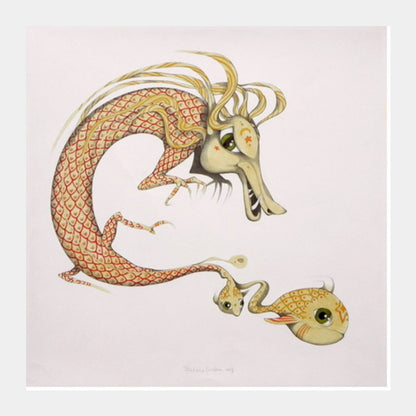 dragon with fish Square Art Prints