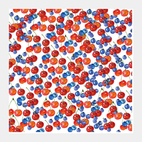 Red Cherries And Blue Berries Fruit Pattern Watercolor Food Background Square Art Prints