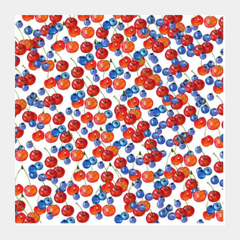 PosterGully Specials, Red Cherries And Blue Berries Fruit Pattern Watercolor Food Background Square Art Prints