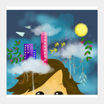 head in the clouds Square Art Prints