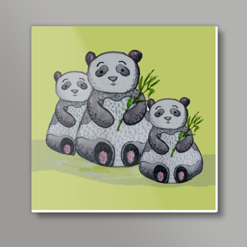 Cute Panda Bear Trio Painted Cartoon Animal Poster For Children  Square Art Prints