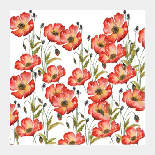 Square Art Prints, Red Watercolor Poppy Flowers Spring Artwork Square Art Prints